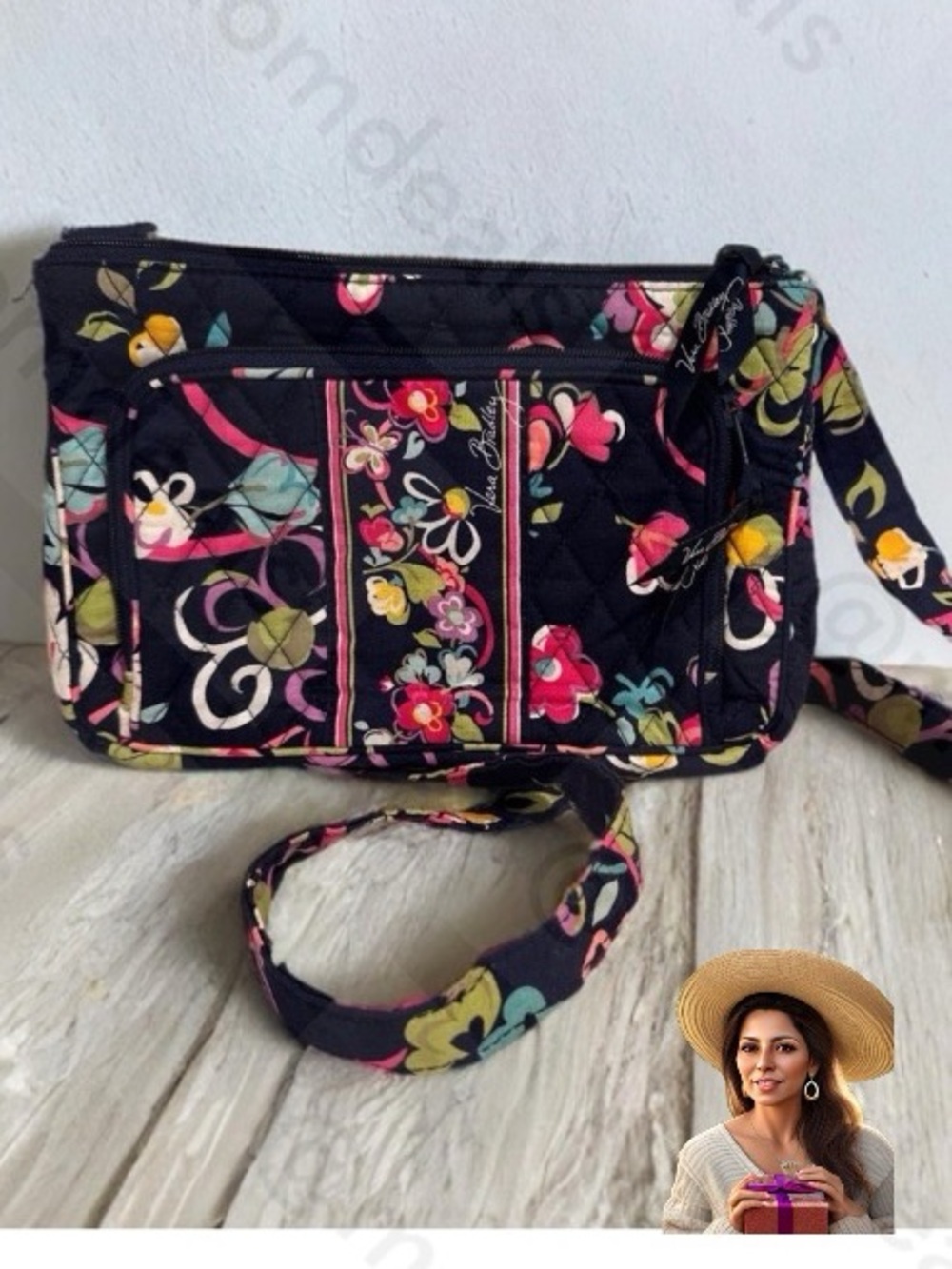 Vera Bradley Little Hipster Crossbody Bag in Navy Floral Retired Pattern Ribbons - Picture 1 of 15